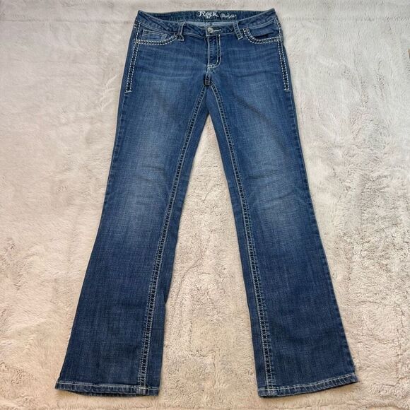 Wrangler Rock 47 Bootcut Low Rise Jeans Womens 30x32 Blue Whiskers Bling Cowgirl - Picture 2 of 11